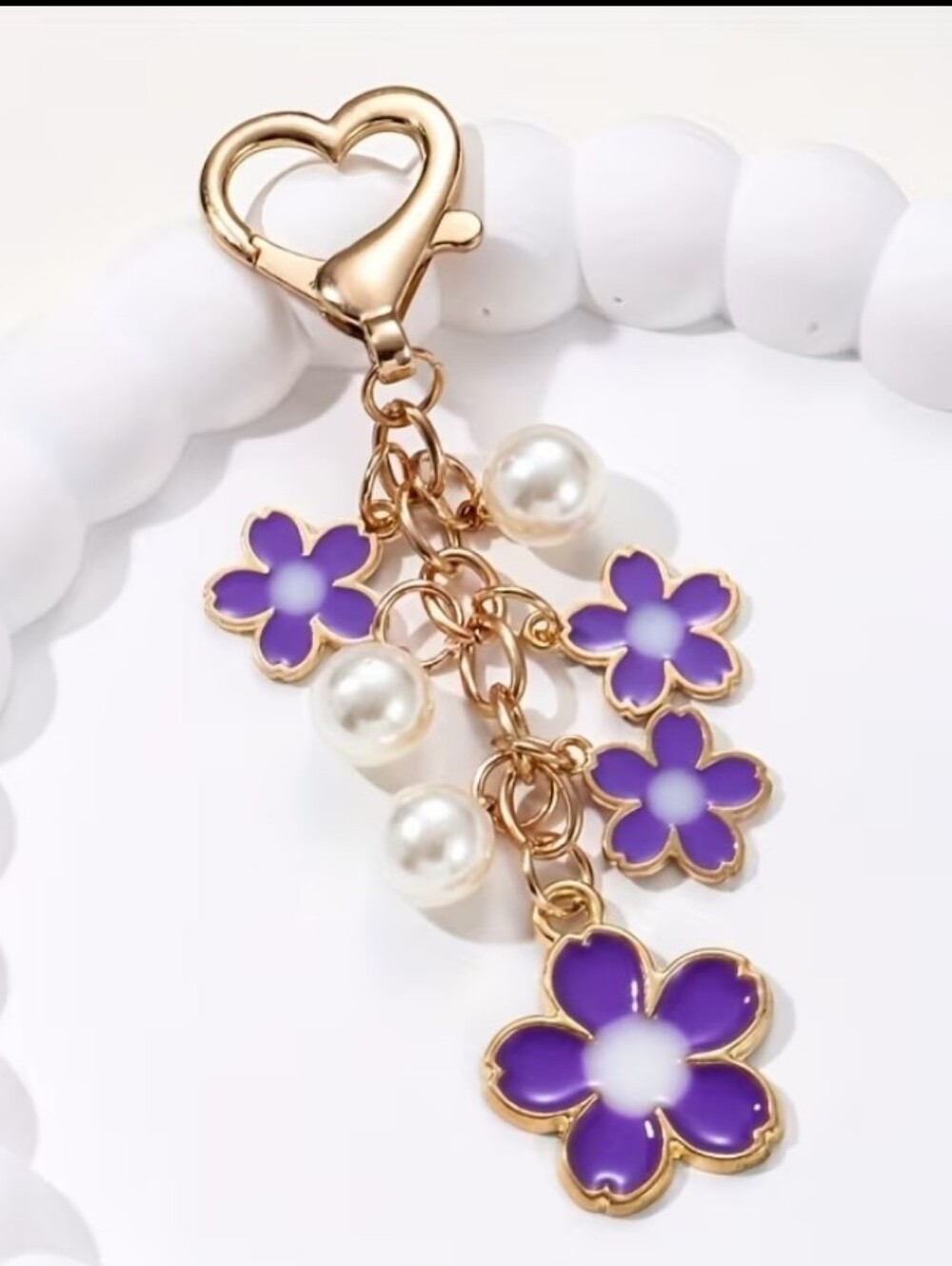 Gold  Tone Heart Clasp Purple Flower Bag Charm /Keychain